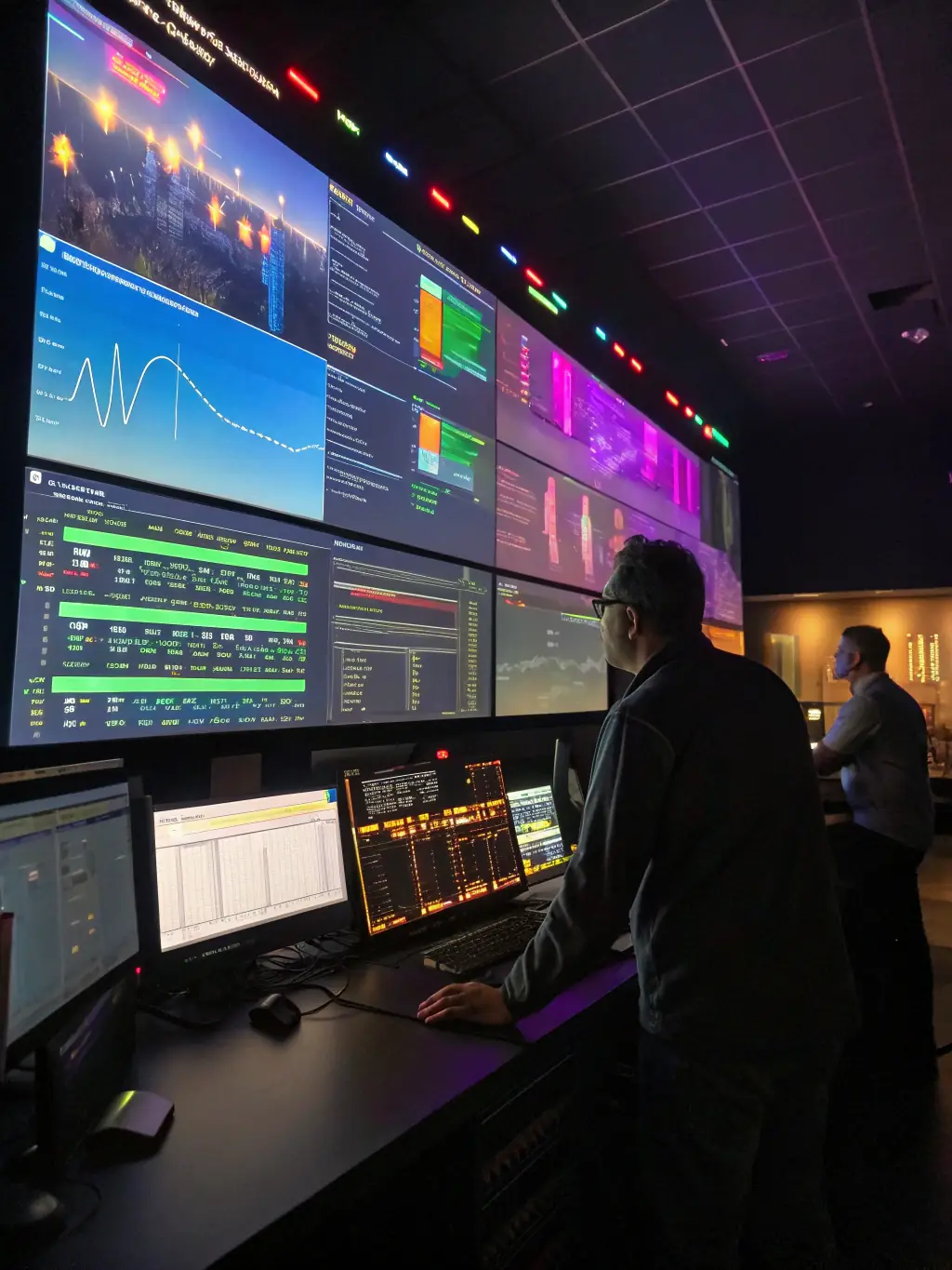 A modern building control panel interface displaying real-time energy consumption data and automated adjustments, showcasing ASH sp. z.o.o.'s building automation system.