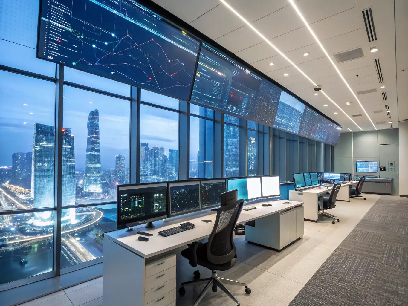 An image of a modern control room with screens displaying building management data, showcasing ASH sp. z.o.o.'s Building Automation Systems.