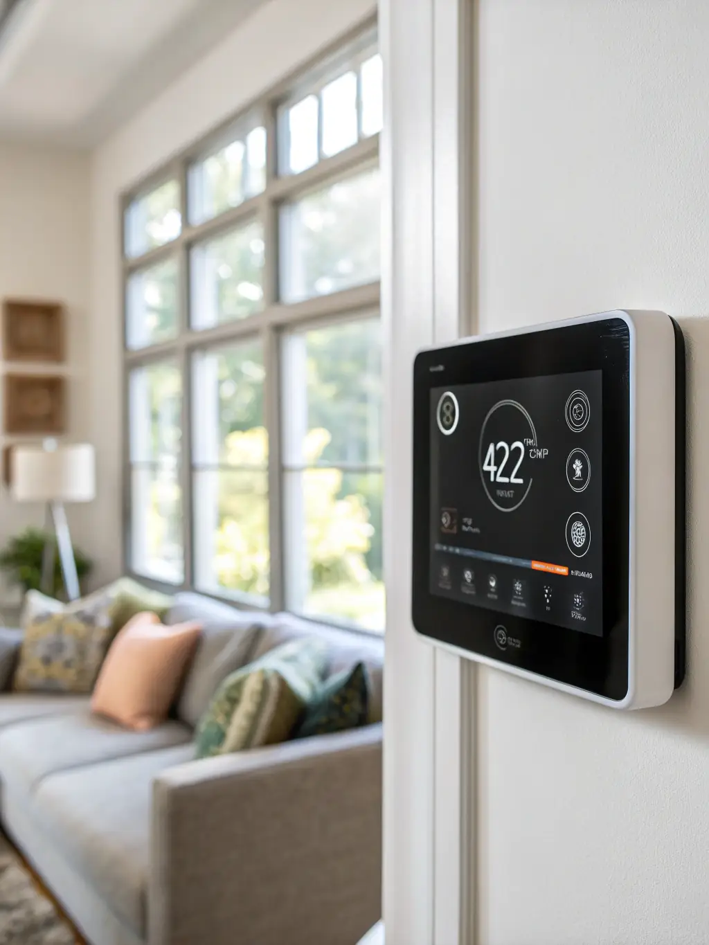 A smart thermostat interface showing personalized comfort settings and automated adjustments based on occupancy and environmental conditions, reflecting ASH sp. z.o.o.'s focus on user comfort.