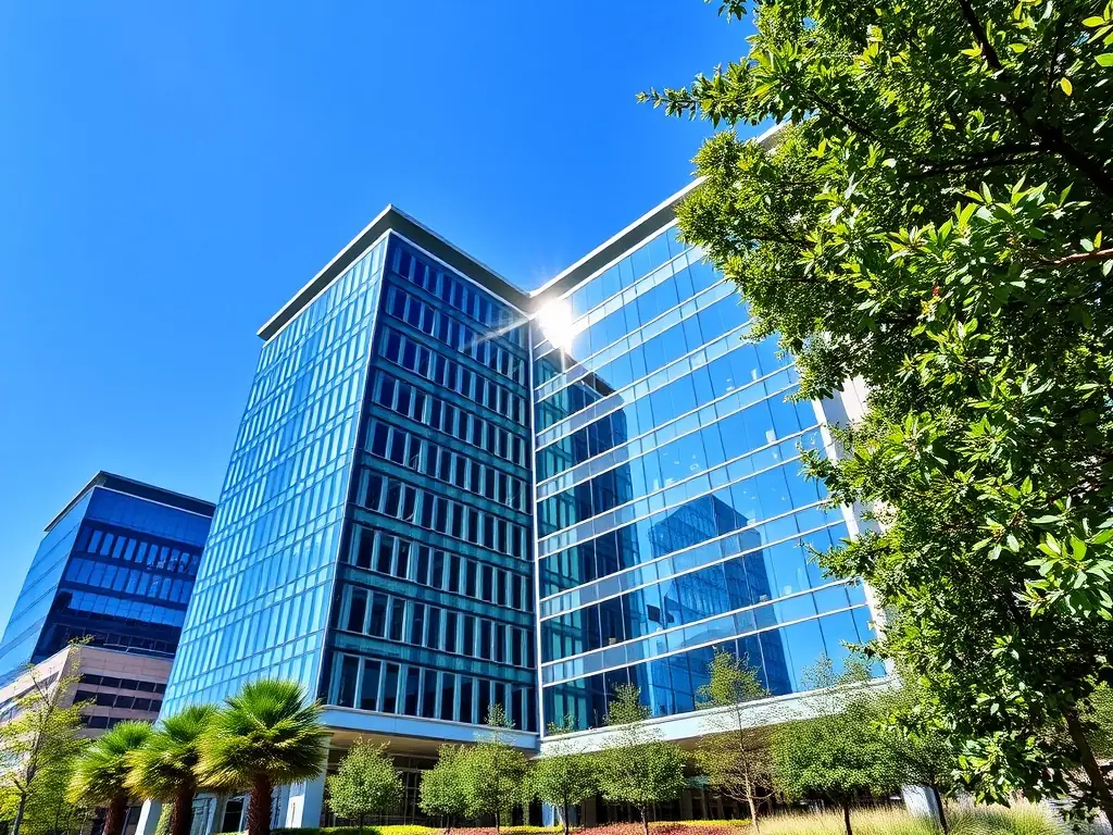 A photograph of a modern office building showcasing the exterior architecture, representing a smart building environment managed by ASH sp. z.o.o.