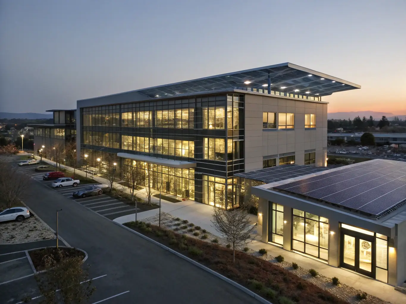 A modern office building with integrated smart technology, showcasing energy-efficient lighting and automated climate control systems, emphasizing sustainability and innovation.
