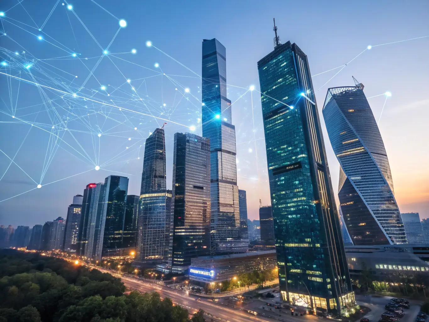 An illustration of a smart building with digital overlays indicating AI data analysis, representing ASH sp. z.o.o.'s AI-Powered Building Management.