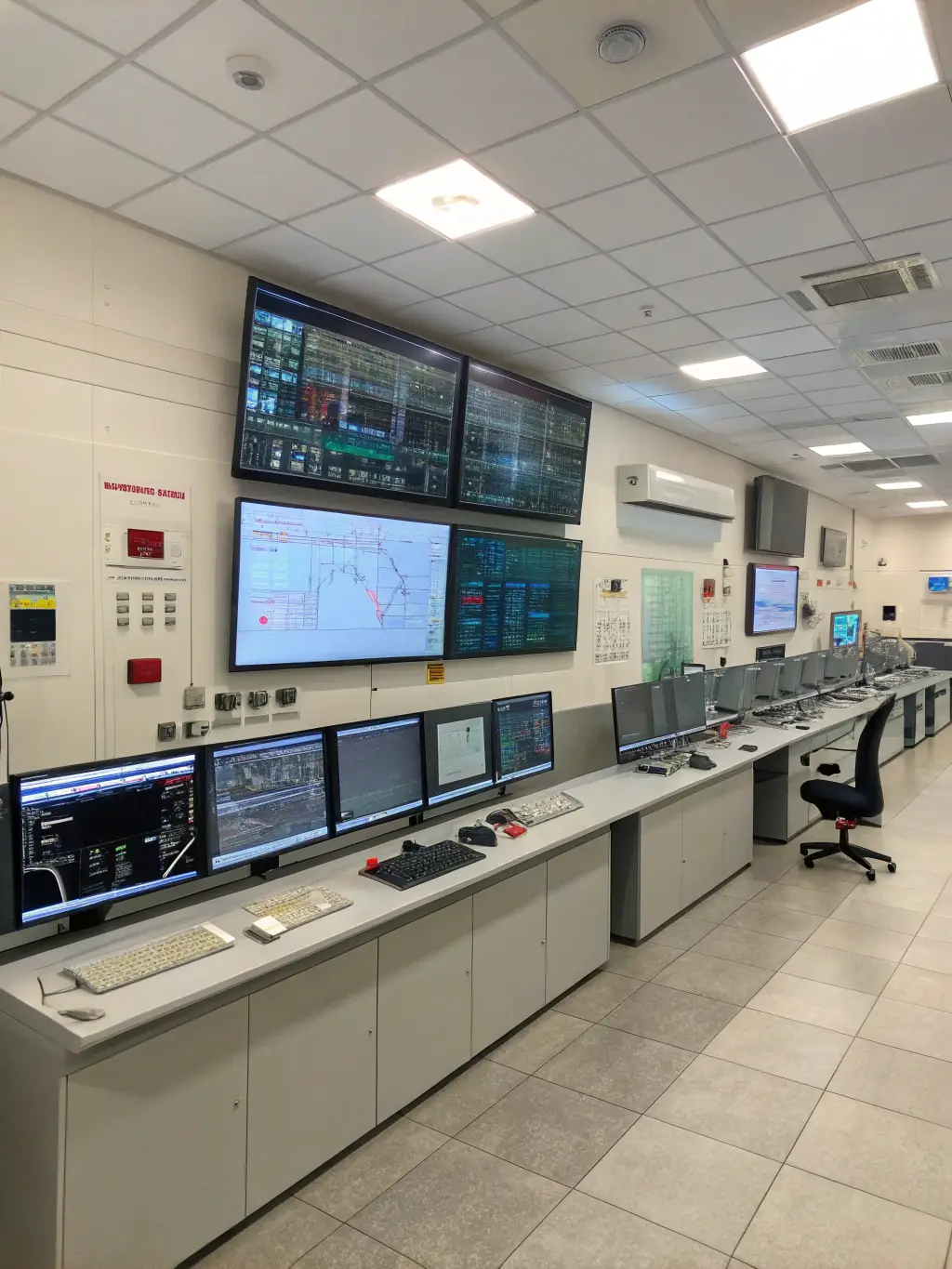 A detailed image of a modern building's central control panel, showcasing real-time data analysis and automated adjustments for energy efficiency.