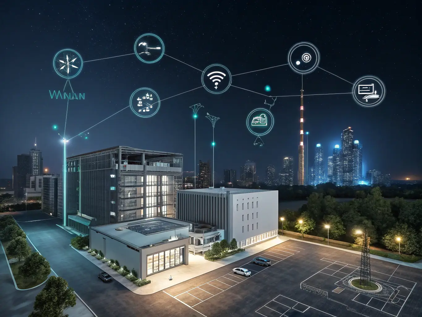 An AI-powered building management interface displaying real-time data analytics, predictive maintenance alerts, and energy consumption metrics, highlighting the system's intelligent decision-making capabilities.